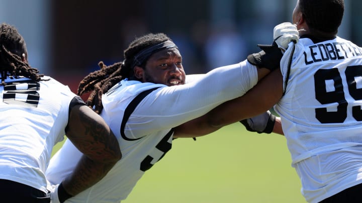 Jacksonville Jaguars defensive tackle DaVon Hamilton (52) practices against defensive end Jeremiah Ledbetter (99) during an organized team activity Tuesday, May 28, 2024 at EverBank Stadium’s Miller Electric Center in Jacksonville, Fla. Jacksonville Jaguars defensive tackle DaVon Hamilton (52) practices against defensive end Jeremiah Ledbetter (99) during an organized team activity Tuesday, May 28, 2024 at EverBank Stadium’s Miller Electric Center in Jacksonville, Fla.