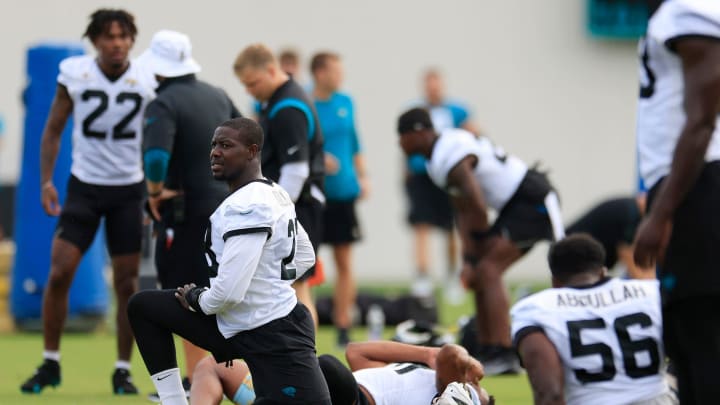 Jacksonville Jaguars linebacker Foyesade Oluokun (23) stretches during the third day of an NFL football training camp practice Friday, July 26, 2024 at EverBank Stadium’s Miller Electric Center in Jacksonville, Fla. Jacksonville Jaguars linebacker Foyesade Oluokun (23) stretches during the third day of an NFL football training camp practice Friday, July 26, 2024 at EverBank Stadium’s Miller Electric Center in Jacksonville, Fla.
