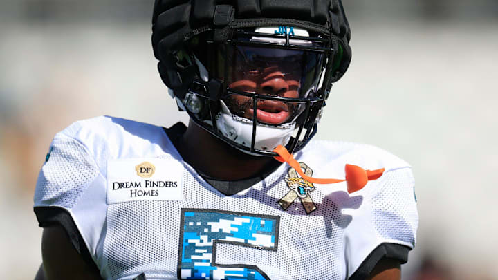 Jacksonville Jaguars safety Andre Cisco (5) looks on during the ninth day of an NFL football training camp practice Saturday, Aug. 3, 2024 at EverBank Stadium in Jacksonville, Fla. Today marked the first day of public practice inside the stadium.