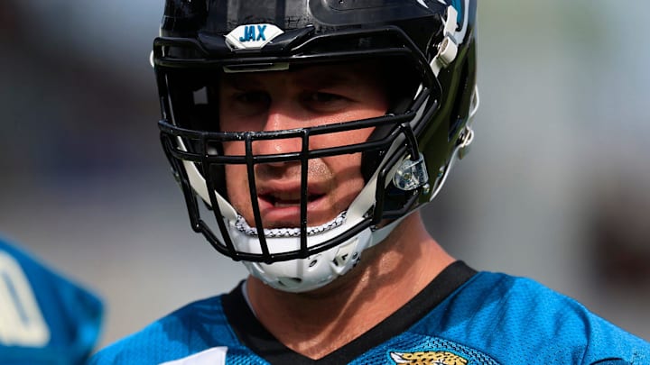 Jacksonville Jaguars offensive tackle Walker Little (72) looks on during the third day of an NFL football training camp practice Friday, July 26, 2024 at EverBank Stadium’s Miller Electric Center in Jacksonville, Fla.
