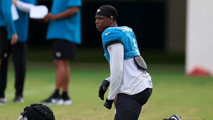 Jacksonville Jaguars running back Travis Etienne Jr. (1) looks on during the seventh day of an NFL football training camp practice Wednesday, July 31, 2024 at EverBank Stadium’s Miller Electric Center in Jacksonville, Fla.