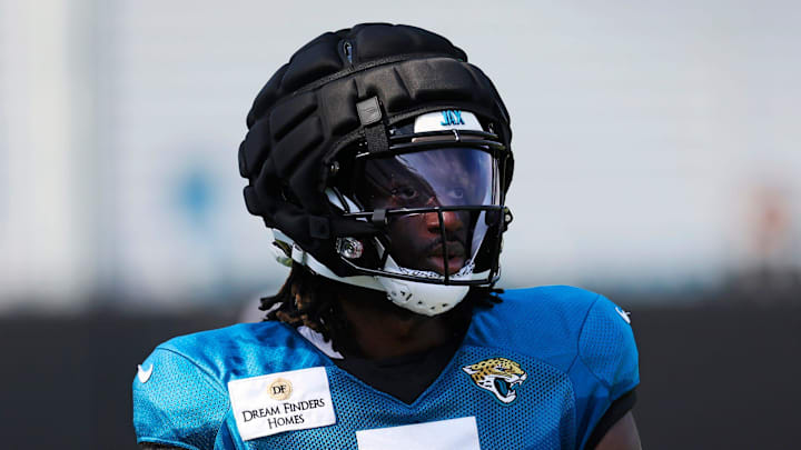Jacksonville Jaguars wide receiver Brian Thomas Jr. (7) looks on during the seventh day of an NFL football training camp practice Wednesday, July 31, 2024 at EverBank Stadium’s Miller Electric Center in Jacksonville, Fla.