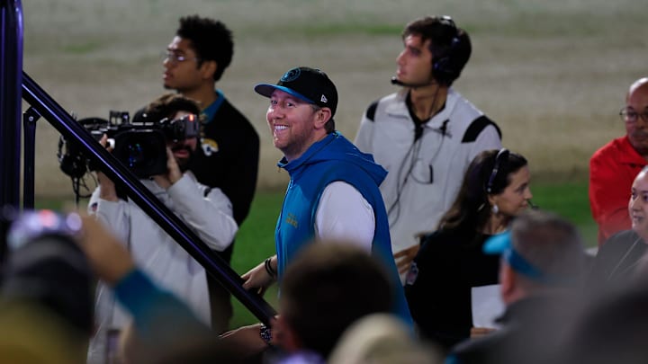 Jacksonville Jaguars head coach Liam Coen enters the stage Thursday, Jan. 30, 2025 at EverBank Stadium in Jacksonville, Fla. Jaguars fans got a chance to see the new head coach speak and give a warm welcome at the stadium.