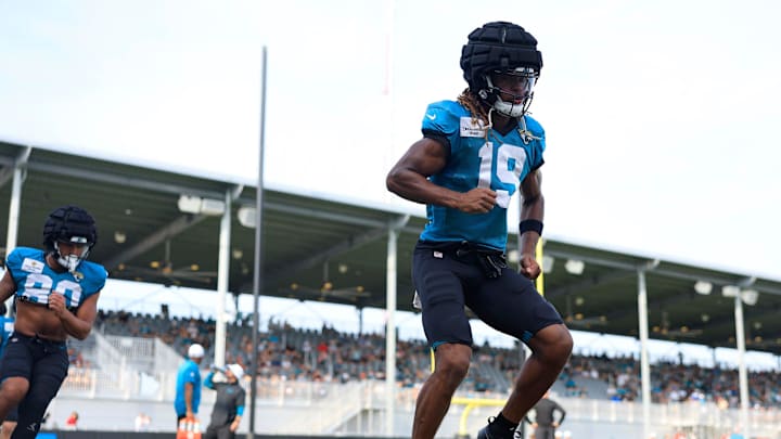 Jacksonville Jaguars wide receiver Joshua Cephus (19) performs ladder drills during the seventh day of an NFL football training camp practice Wednesday, July 31, 2024 at EverBank Stadium’s Miller Electric Center in Jacksonville, Fla.