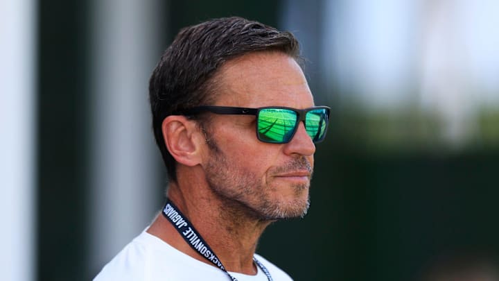 Pro Football Hall of Fame member and former active Jacksonville Jaguars tackle, Tony Boselli, looks on during the first day of an NFL football training camp practice Wednesday, July 24, 2024 at EverBank Stadium’s Miller Electric Center in Jacksonville, Fla.