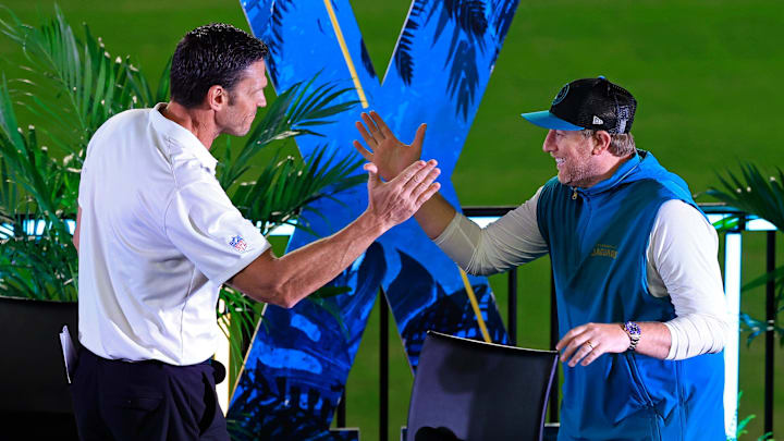Jacksonville Jaguars head coach Liam Coen greets Jacksonville Jaguars Hall of Famer Tony Boselli Thursday, Jan. 30, 2025 at EverBank Stadium in Jacksonville, Fla. Jaguars fans got a chance to see the new head coach speak and give a warm welcome at the stadium.
