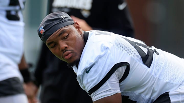 Jacksonville Jaguars linebacker Travon Walker (44) looks on during the third day of an NFL football training camp practice Friday, July 26, 2024 at EverBank Stadium’s Miller Electric Center in Jacksonville, Fla.