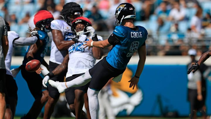 Jacksonville Jaguars punter Logan Cooke (9) punts the ball during the ninth day of an NFL football training camp practice Saturday, Aug. 3, 2024 at EverBank Stadium in Jacksonville, Fla. Today marked the first day of public practice inside the stadium.