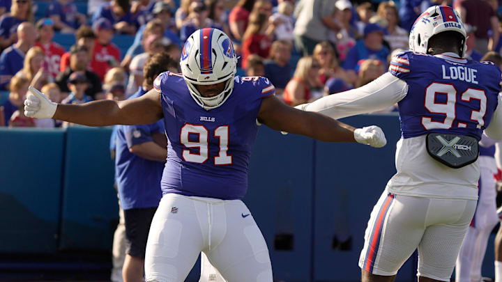 Buffalo Bills defensive tackle Ed Oliver and defensive tackle Zion Logue dance to the music for a few moments while waiting for their turn to run a drill during the Return of the Blue & Red practice at Highmark Stadium in Orchard Park on Aug.1, 2025. Buffalo Bills defensive tackle Ed Oliver and defensive tackle Zion Logue dance to the music for a few moments while waiting for their turn to run a drill during the Return of the Blue & Red practice at Highmark Stadium in Orchard Park on Aug.1, 2025.