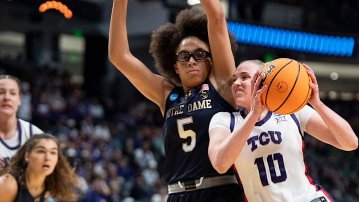 TCU Horned Frogs guard Hailey Van Lith (10) drives the ball on Notre Dame Fighting Irish guard Olivia Miles (5) as TCU Horned Frogs face off with Notre Dame Fighting Irish during the Sweet 16 at Legacy Arena in Birmingham, Ala., on Saturday, March 29, 2025.