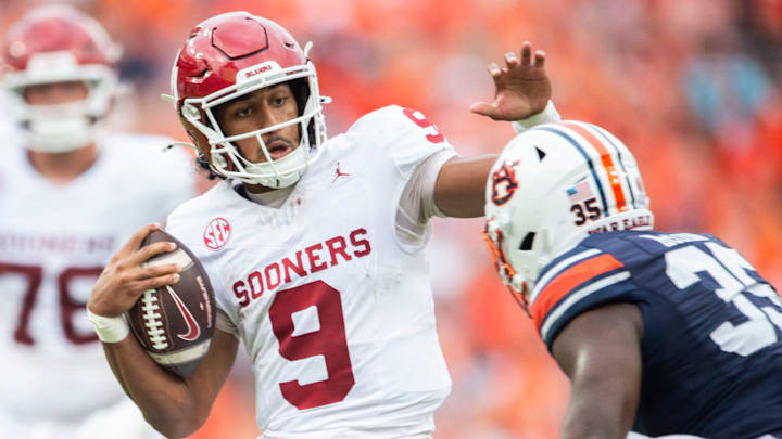 Oklahoma Sooners quarterback Michael Hawkins Jr. (9) runs the ball as Auburn Tigers take on Oklahoma Sooners at Jordan-Hare Stadium in Auburn, Ala., on Saturday, Sept. 28, 2024. Oklahoma Sooners defeated Auburn Tigers 27-21.