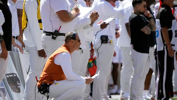 Texas Longhorns head coach Steve Sarkisian watches his team against Ohio State Buckeyes