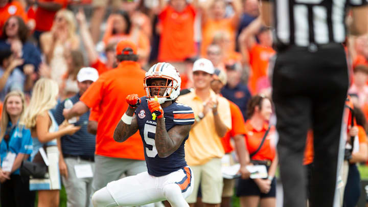 Auburn Tigers wide receiver KeAndre Lambert-Smith (5) celebrates his touchdown catch as Auburn Tigers take on Oklahoma Sooners at Jordan-Hare Stadium in Auburn, Ala., on Saturday, Sept. 28, 2024.