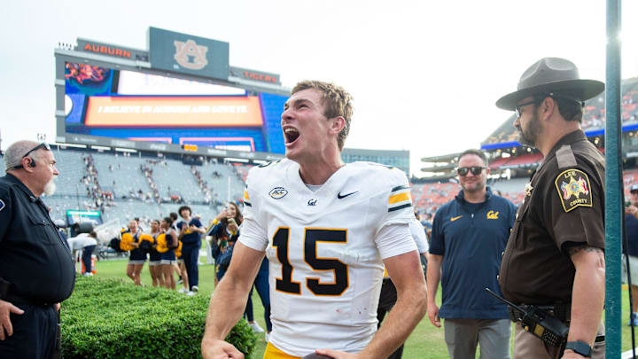 California Golden Bears quarterback Fernando Mendoza (15) celebrates with fans after the game as Auburn Tigers take on California Golden Bears at Jordan-Hare Stadium in Auburn, Ala., on Saturday, Sept. 7, 2024. California Golden Bears defeated Auburn Tigers 21-14. California Golden Bears quarterback Fernando Mendoza (15) celebrates with fans after the game as Auburn Tigers take on California Golden Bears at Jordan-Hare Stadium in Auburn, Ala., on Saturday, Sept. 7, 2024. California Golden Bears defeated Auburn Tigers 21-14.