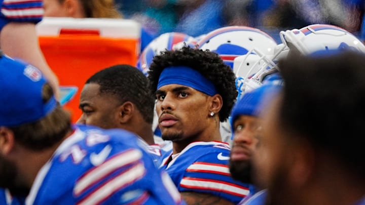 Buffalo Bills wide receiver Keon Coleman (0) watches the play on the Jumbotron during second half action at the Bills home game against the New York Jets at Highmark Stadium in Orchard Park on Dec. 29, 2024.