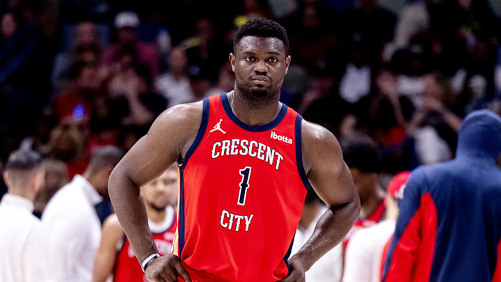 New Orleans Pelicans forward Zion Williamson (1) looks on against the Boston Celtics during the second half at Smoothie King Center. New Orleans Pelicans forward Zion Williamson (1) looks on against the Boston Celtics during the second half at Smoothie King Center.