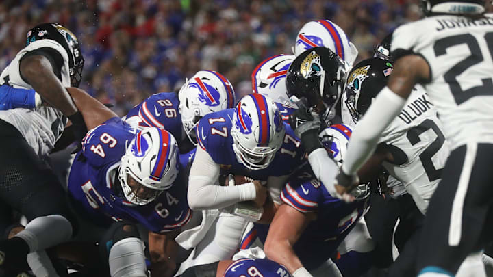 Bills quarterback Josh Allen gets the 1-yard for a first down on the tush push play during first half action at Highmark Stadium in Orchard Park on Sept. 23, 2024.