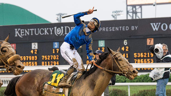 Jockey Junior Alvarado celebrated after riding Sovereignty to victory in the 151st Kentucky Derby at Churchill Downs in Louisville, Kentucky. May 3, 2025