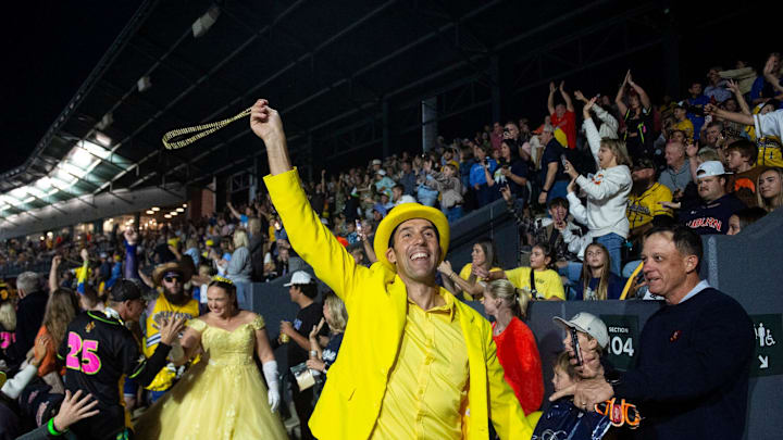 Banana Ball owner Jesse Cole joins the crowd as the Auburn Tigers face off with the Banana Ball All-Stars at Plainsman Park in Auburn, Ala. on Saturday, Oct. 25, 2025.