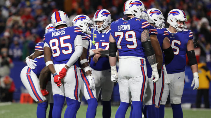 Bills QB Josh Allen talks to the offensive line in the huddle about a play during the second half of the Bills divisional game against Kansas City Chiefs at Highmark Stadium in Orchard Park on Jan. 21, 2024. Bills QB Josh Allen talks to the offensive line in the huddle about a play during the second half of the Bills divisional game against Kansas City Chiefs at Highmark Stadium in Orchard Park on Jan. 21, 2024.