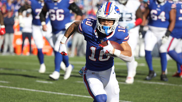Bills Khalil Shakir finds an open lane to run in during second half action at Highmark Stadium in Orchard Park on Oct. 20, 2024.
