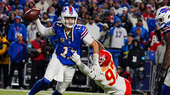 Buffalo Bills quarterback Josh Allen rushes to fire off a pass before a sack in a Nov. 17, 2024, game against the Kansas City Chiefs. 