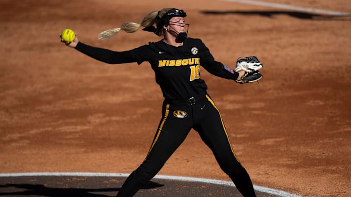 Missouri Tigers pitcher Marissa McCann (10) pitches as Florida Gators and Missouri Tigers face off in the SEC softball tournament championship game at Jane B. Moore Field in Auburn, Ala., on Saturday, May 11, 2024.