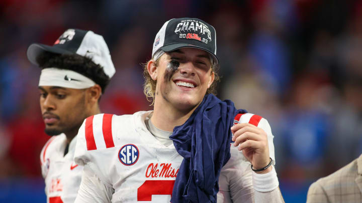 Dec 30, 2023; Atlanta, GA, USA; Mississippi Rebels quarterback Jaxson Dart (2) celebrates after a victory against the Penn State Nittany Lions in the Peach Bowl at Mercedes-Benz Stadium. Mandatory Credit: Brett Davis-USA TODAY Sports Dec 30, 2023; Atlanta, GA, USA; Mississippi Rebels quarterback Jaxson Dart (2) celebrates after a victory against the Penn State Nittany Lions in the Peach Bowl at Mercedes-Benz Stadium. Mandatory Credit: Brett Davis-USA TODAY Sports