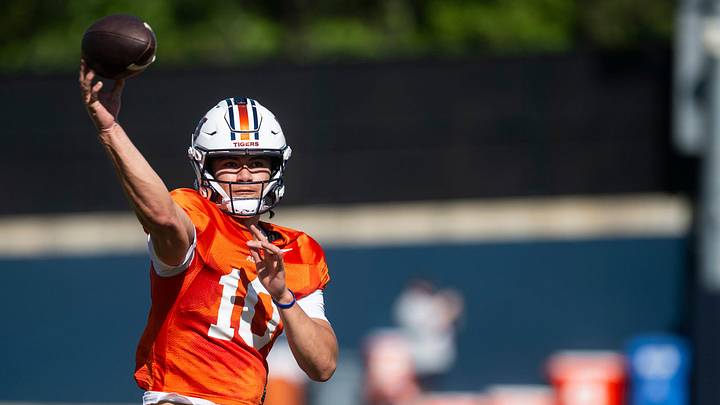 Auburn Tigers quarterback Tristan Ti'a (10) throws the ball during practice at Woltosz Football Performance Center in Auburn, Ala. on Thursday, April 16, 2026.