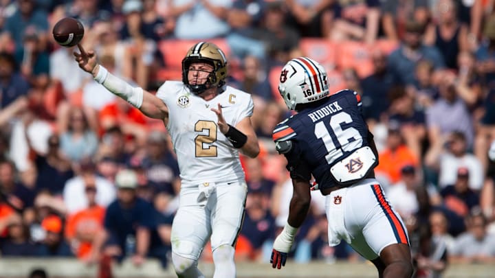 Vanderbilt Commodores quarterback Diego Pavia (2) throws the ball as Auburn Tigers take on Vanderbilt Commodores at Jordan-Hare Stadium in Auburn, Ala., on Saturday, Nov. 2, 2024. Vanderbilt Commodores defeated Auburn Tigers 17-7.