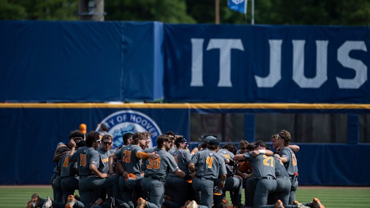 Tennessee Volunteer players huddle up as Vanderbilt Commodores take on Tennessee Volunteer during the SEC baseball tournament at Hoover Met in Birmingham, Ala., on Saturday, May 24, 2025. Vanderbilt Commodores defeated Tennessee Volunteer 10-0 in 7 innings.