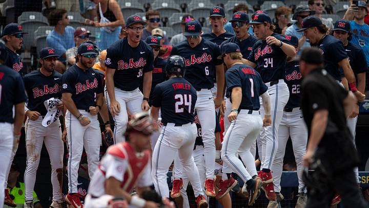 Ole Miss Rebels' Austin Fawley (24) celebrates his home run as Arkansas Razorbacks take on Ole Miss Rebels during the SEC baseball tournament at Hoover Met in Birmingham, Ala., on Friday, May 23, 2025.