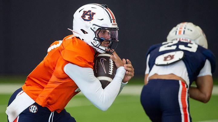 Auburn Tigers quarterback Byrum Brown (17) runs drills during practice at Woltosz Football Performance Center in Auburn, Ala. on Thursday, April 16, 2026. Auburn Tigers quarterback Byrum Brown (17) runs drills during practice at Woltosz Football Performance Center in Auburn, Ala. on Thursday, April 16, 2026.