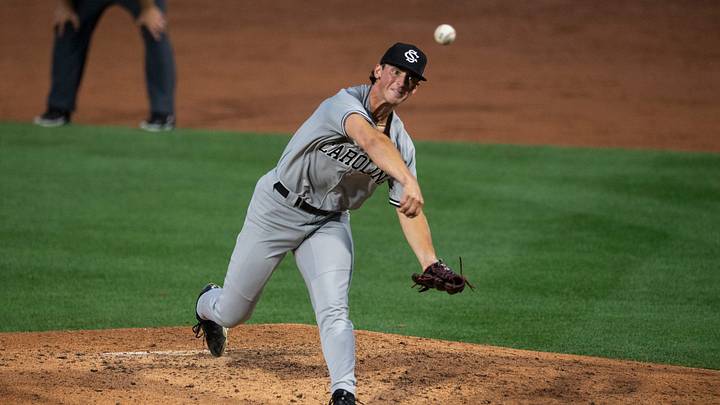 South Carolina Gamecocks' Tyler Pitzer (33) pitches as the Auburn Tigers take on South Carolina Gamecocks at Plainsman Park in Auburn, Ala., on Thursday, May 8, 2025.