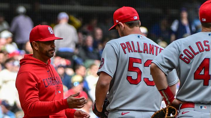 Apr 9, 2023; Milwaukee, Wisconsin, USA;  St. Louis Cardinals manager Oli Marmol makes a pitching change in the seventh inning during game against the Milwaukee Brewers at American Family Field. Mandatory Credit: Benny Sieu-USA TODAY Sports