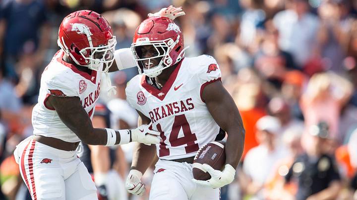 Arkansas Razorbacks linebacker Stephen Dix Jr. (14) celebrates his fumble recovery as Auburn Tigers take on Arkansas Razorbacks at Jordan-Hare Stadium in Auburn, Ala., on Saturday, Sept. 21, 2024. Arkansas Razorbacks lead Auburn Tigers 7-0 at halftime. Arkansas Razorbacks linebacker Stephen Dix Jr. (14) celebrates his fumble recovery as Auburn Tigers take on Arkansas Razorbacks at Jordan-Hare Stadium in Auburn, Ala., on Saturday, Sept. 21, 2024. Arkansas Razorbacks lead Auburn Tigers 7-0 at halftime.