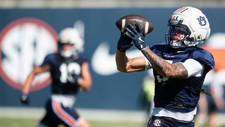 Auburn Tigers wide receiver Chas Nimrod (5) runs drills during practice at Woltosz Football Performance Center in Auburn, Ala. on Thursday, April 16, 2026. Auburn Tigers wide receiver Chas Nimrod (5) runs drills during practice at Woltosz Football Performance Center in Auburn, Ala. on Thursday, April 16, 2026.