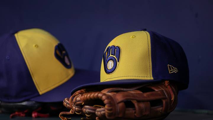 Jul 28, 2023; Atlanta, Georgia, USA; A detailed view of a Milwaukee Brewers hat and glove on the bench against the Atlanta Braves in the second inning at Truist Park. Mandatory Credit: Brett Davis-USA TODAY Sports Jul 28, 2023; Atlanta, Georgia, USA; A detailed view of a Milwaukee Brewers hat and glove on the bench against the Atlanta Braves in the second inning at Truist Park. Mandatory Credit: Brett Davis-USA TODAY Sports
