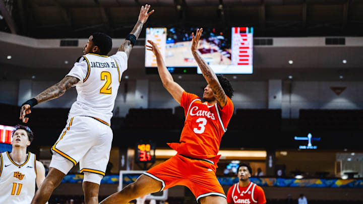Miami freshman guard Jalil Bethea (3) scoring against VCU in the 2024 Charleston Classic