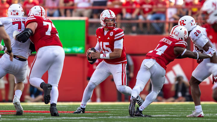 Nebraska quarterback Dylan Raiola scans the field for an open receiver during the second quarter against Rutgers. Nebraska quarterback Dylan Raiola scans the field for an open receiver during the second quarter against Rutgers.