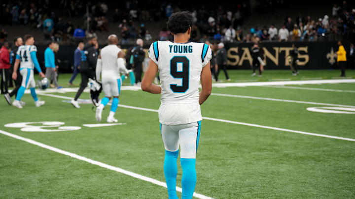 Dec 14, 2025; New Orleans, Louisiana, USA; Carolina Panthers quarterback Bryce Young (9) walks off the field after losing against the New Orleans Saints 20-17 in the fourth quarter at Caesars Superdome. Dec 14, 2025; New Orleans, Louisiana, USA; Carolina Panthers quarterback Bryce Young (9) walks off the field after losing against the New Orleans Saints 20-17 in the fourth quarter at Caesars Superdome.