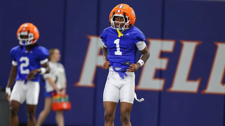 Florida wide receiver Vernell Brown III (1) works out during spring football practice at Heavener Football Center in Gainesville, FL on Thursday, March 5, 2026. [Alan Youngblood/Gainesville Sun]