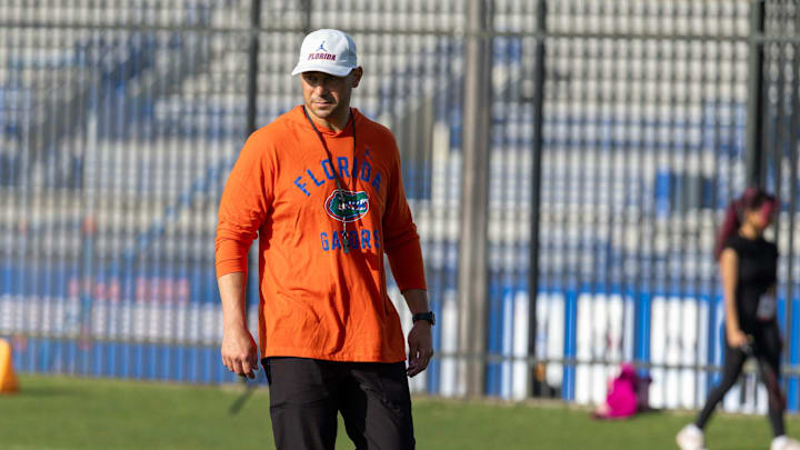 Florida head coach Jon Sumrall watches defensive drills during spring practice at Sanders Practice Fields in Gainesville, FL on Tuesday, March 31, 2026. [Alan Youngblood/Gainesville Sun]