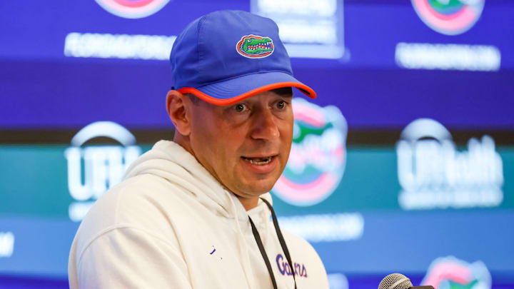 Florida head coach Jon Sumrall speaks after spring practice.