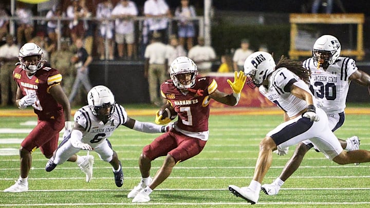 The ULM Warhawks opened their 2024 season on a rainy Thursday night in Malone Stadium. Bryant Vincent secured his first win as the new head coach of the Warhawks as they defeated the Jackson State Tigers , 30-14. The ULM Warhawks opened their 2024 season on a rainy Thursday night in Malone Stadium. Bryant Vincent secured his first win as the new head coach of the Warhawks as they defeated the Jackson State Tigers , 30-14.
