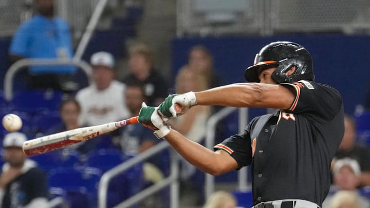 Miami Third baseman Daniel Cuvet against FIU, smashing a grand slam in loanDepot Park Miami Third baseman Daniel Cuvet against FIU, smashing a grand slam in loanDepot Park