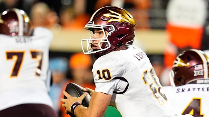 Arizona State Sun Devils quarterback Sam Leavitt (10) scrambles in the second half the college football game between the Oklahoma State Cowboys and the Arizona State Sun Devils at Boone Pickens Stadium in Stillwater, Okla., Saturday, Nov., 2, 2024.
