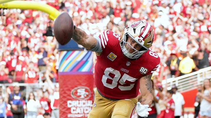Oct 4, 2026; Santa Clara, California, USA; San Francisco 49ers tight end George Kittle (85) spikes the ball after scoring a touchdown against the Denver Broncos during the fourth quarter at Levi's Stadium. Mandatory Credit: David Gonzales-Imagn Images Oct 4, 2026; Santa Clara, California, USA; San Francisco 49ers tight end George Kittle (85) spikes the ball after scoring a touchdown against the Denver Broncos during the fourth quarter at Levi's Stadium. Mandatory Credit: David Gonzales-Imagn Images