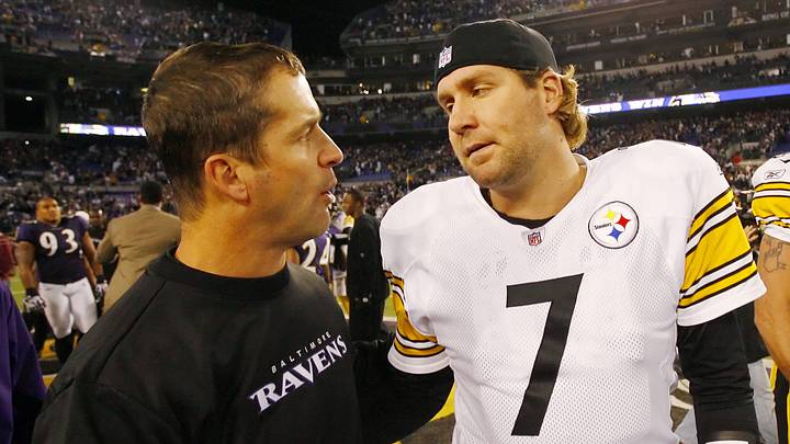 Baltimore Ravens head coach John Harbaugh (left) talks with Pittsburgh Steelers quarterback Ben Roethlisberger (7) Baltimore Ravens head coach John Harbaugh (left) talks with Pittsburgh Steelers quarterback Ben Roethlisberger (7)