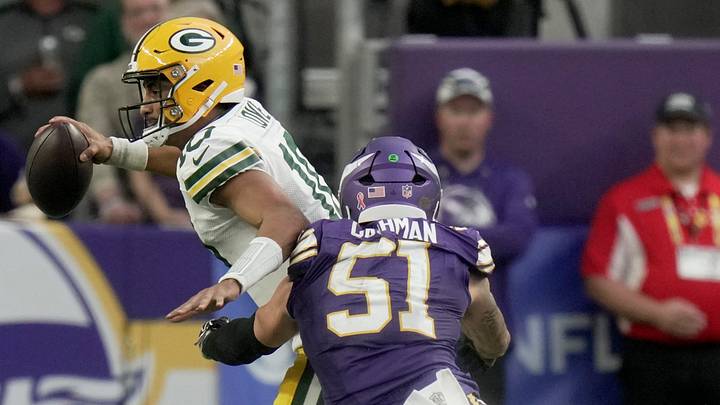 Minnesota Vikings linebacker Blake Cashman (51) sacks Green Bay Packers quarterback Jordan Love (10) and forces a fumble during the fourth quarter of their game Sunday, Sept. 13, 2026 at U.S. Bank Stadium in Minneapolis, Minnesota. The Minnesota Vikings beat the Green Bay Packers 39-22. Minnesota Vikings linebacker Blake Cashman (51) sacks Green Bay Packers quarterback Jordan Love (10) and forces a fumble during the fourth quarter of their game Sunday, Sept. 13, 2026 at U.S. Bank Stadium in Minneapolis, Minnesota. The Minnesota Vikings beat the Green Bay Packers 39-22.